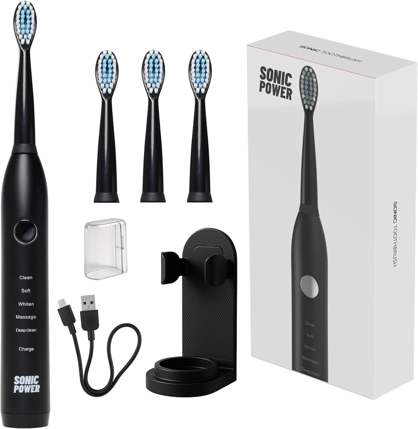 SonicPower Electric Toothbrush Kit, Ultra Portable & Lightweight with 5 Cleaning Modes, 1 Year Supply of Brush Heads, Rechargeable Battery, Mirror Mount & Travel Cap Included (Black)