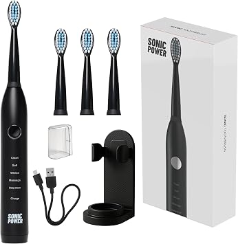 SonicPower Electric Toothbrush Kit, Ultra Portable & Lightweight with 5 Cleaning Modes, 1 Year Supply of Brush Heads, Rechargeable Battery, Mirror Mount & Travel Cap Included Black