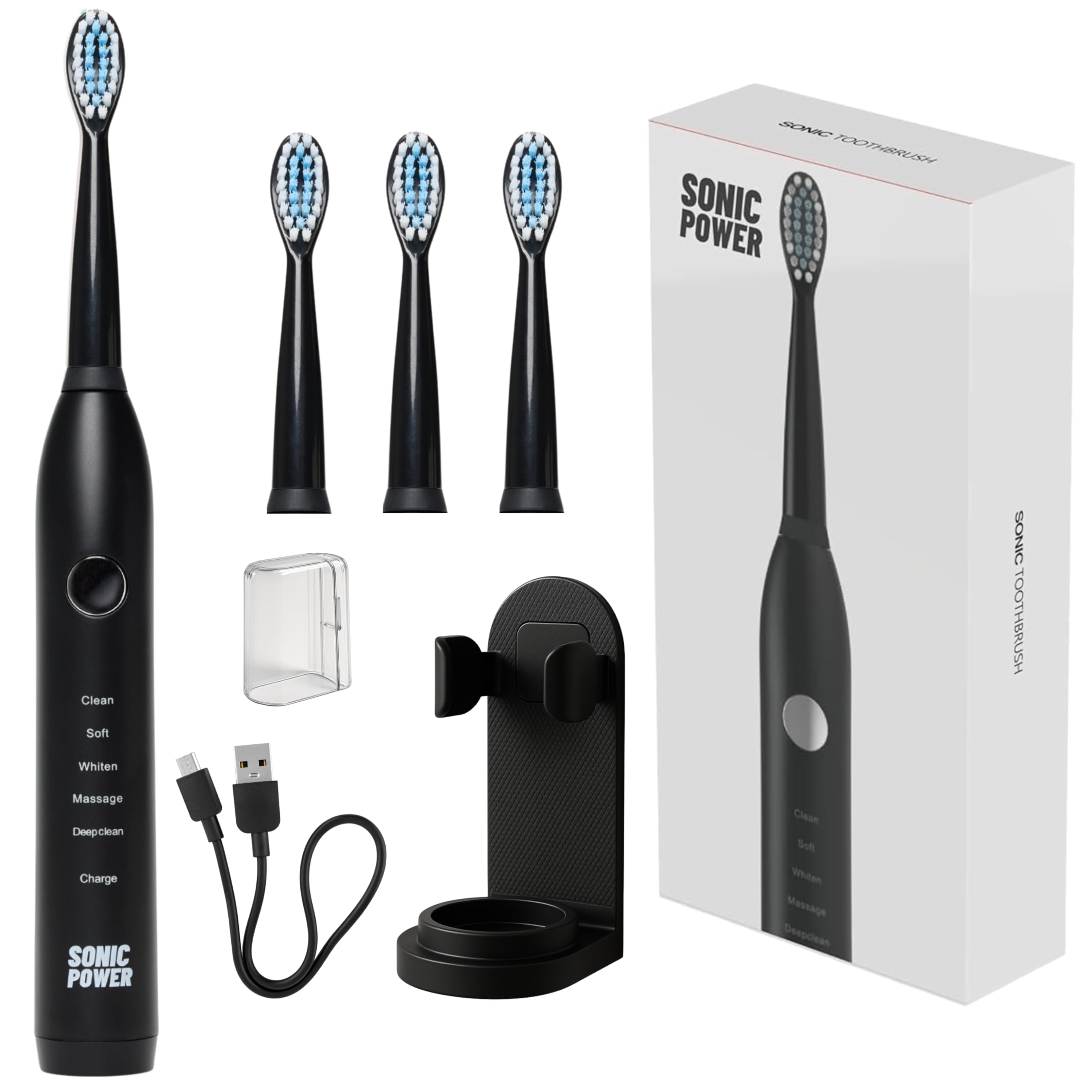 SonicPower Electric Toothbrush Kit, Ultra Portable & Lightweight with 5 Cleaning Modes, 1 Year Supply of Brush Heads, Rechargeable Battery, Mirror Mount & Travel Cap Included (Black)