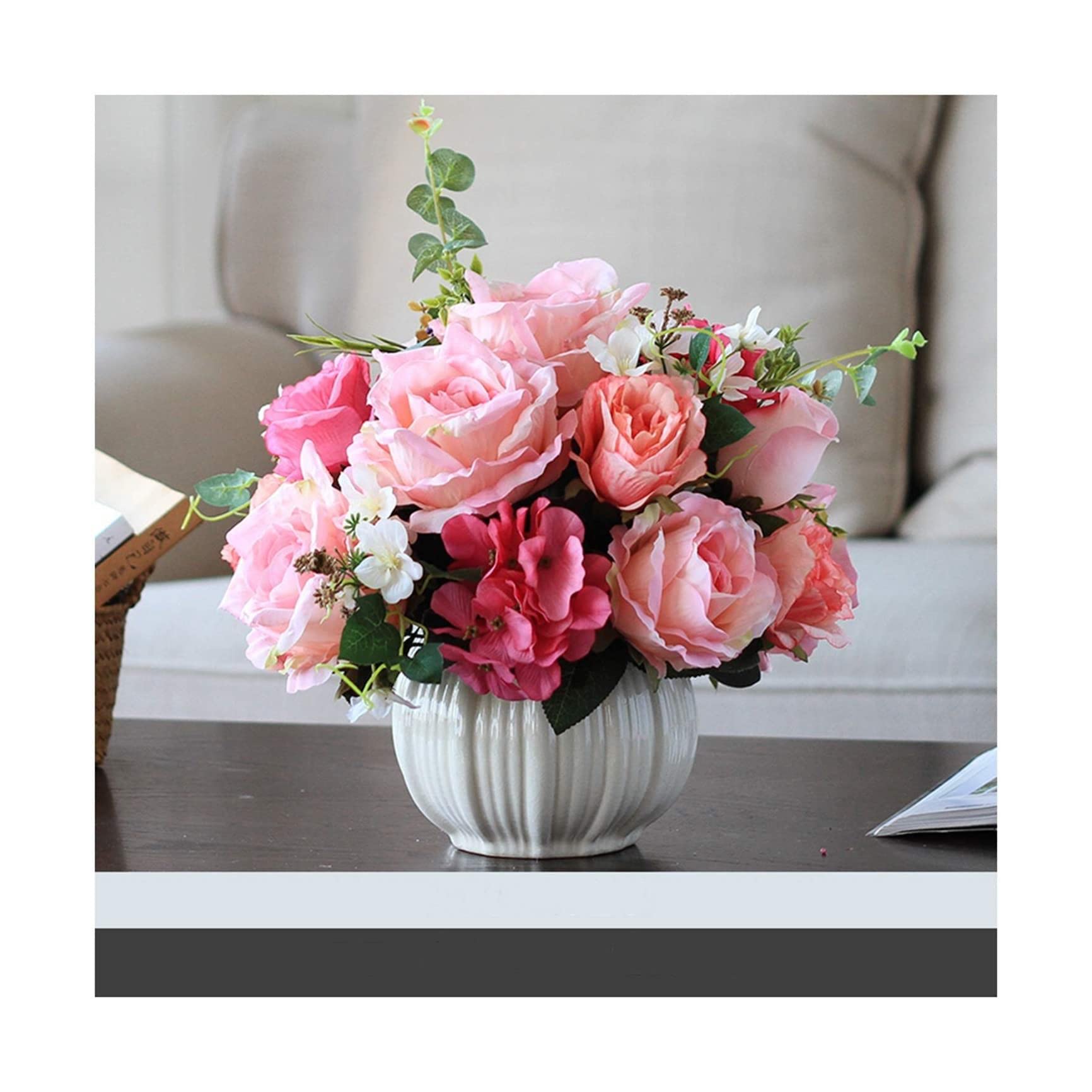 SWENEEN Artificial Flower With Pot Orchid Artificial Silk Rose Bonsai In White Ceramic Vase,Elegant Flowers Tabletop Centerpieces For Home/Office/Wedding Orchid Hello,