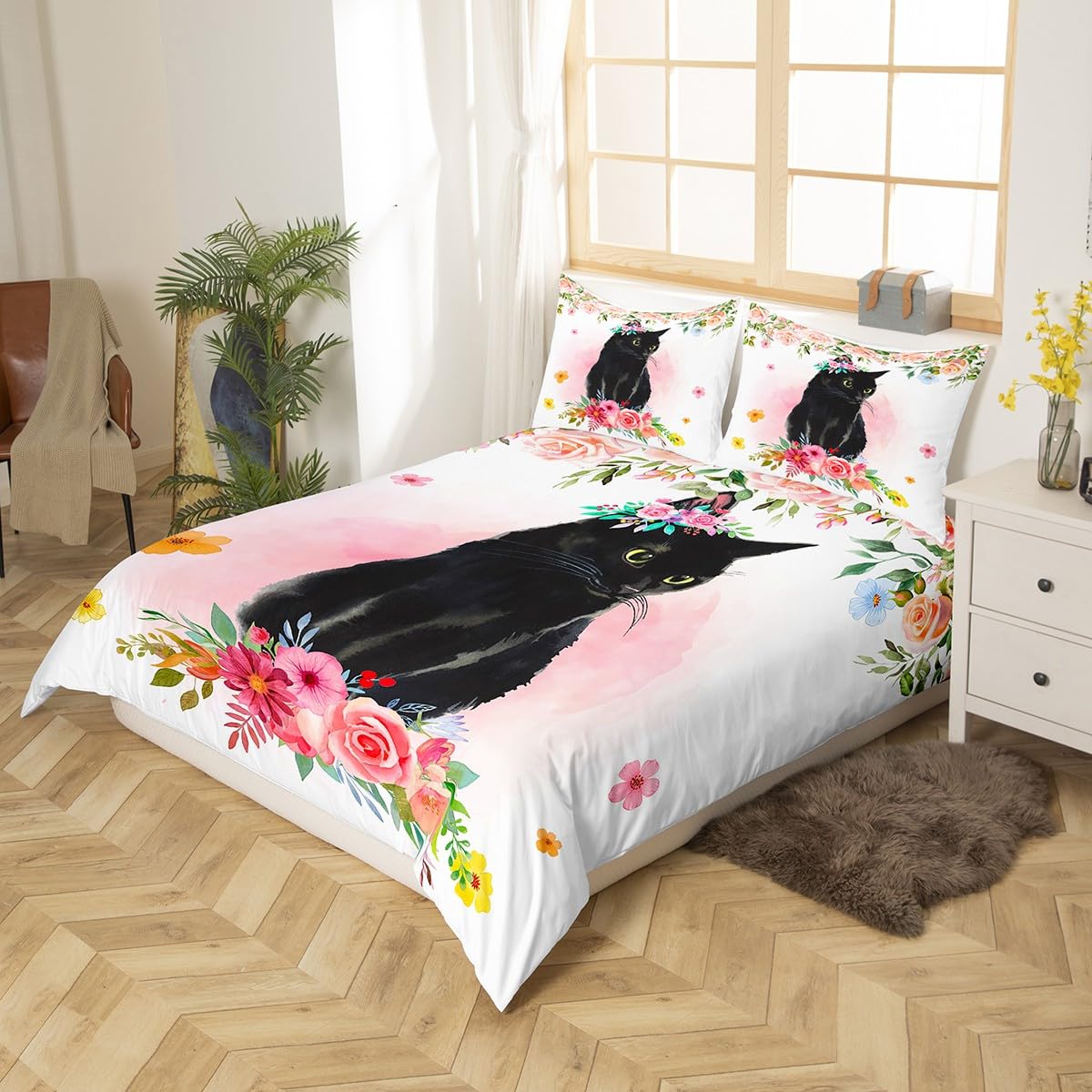 Bettbezug mit schwarzer Katze, 220 x 240 cm, Bettwäsche-Set Kätzchen, für Jungen, Kinder, Mädchen, Bettwäsche, Tiere, Rosa, Aquarellfarben, Blumen, Boho, rustikale Boho-Dekoration