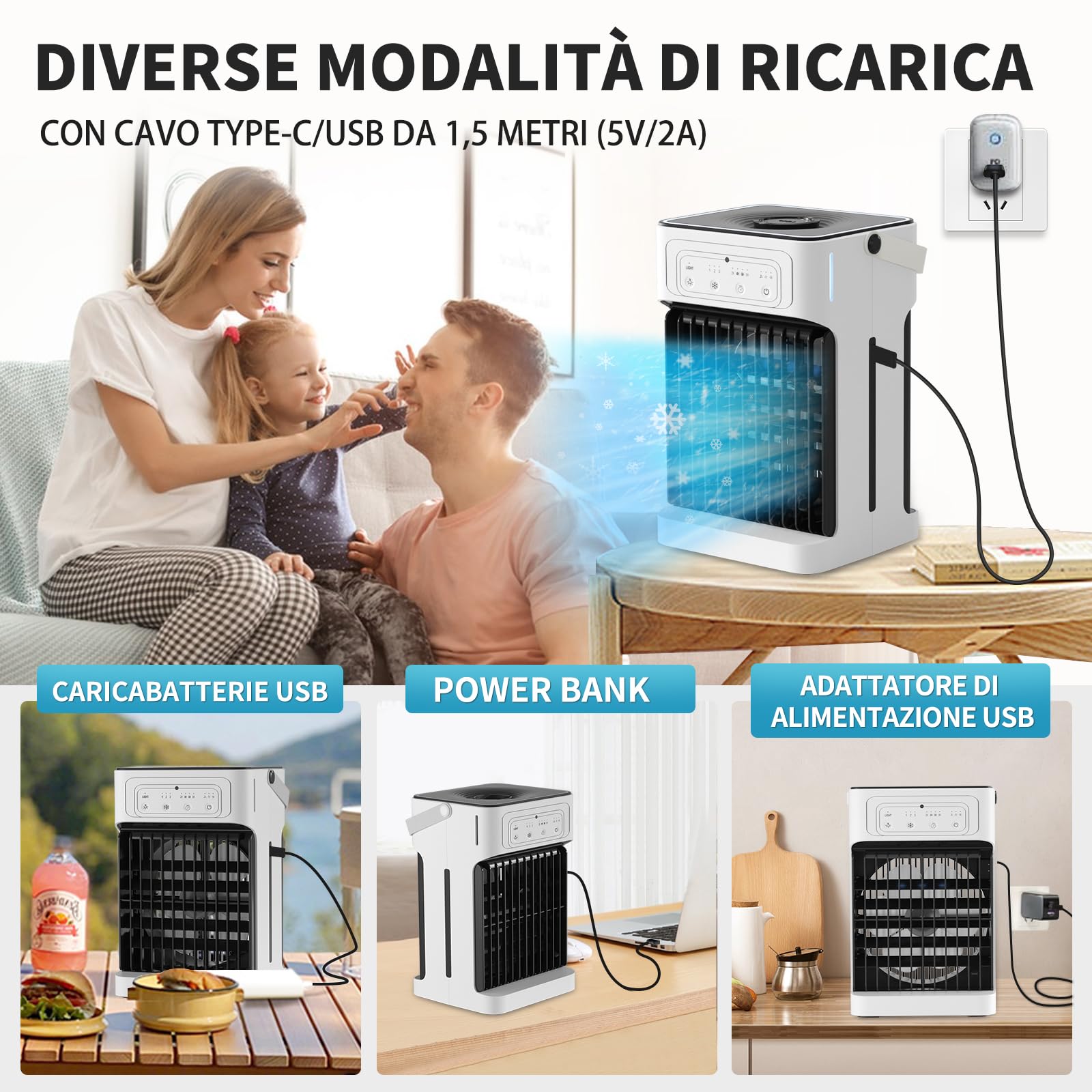 YFFU Condizionatore Portatile con Telecomando,1100ml Doppio Motore e Ventola Mini Climatizzatore,Timer 2-8, 3 velocità 3 Nebulizzazione,Ventilatore Aria Fredda per Casa Ufficio,Argento Bianca