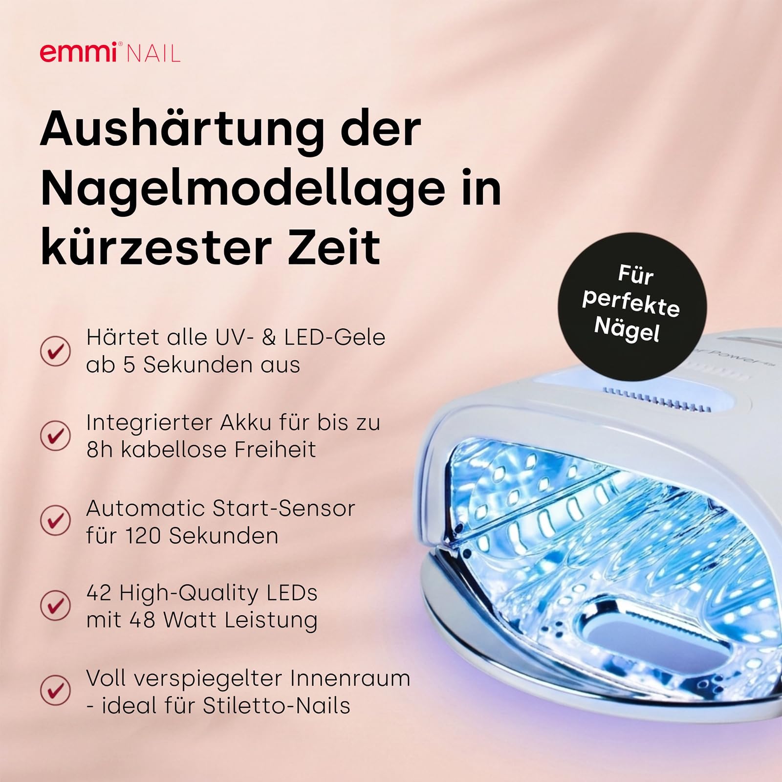 Emmi Nail Power 48 UV/LED-Lichthärtungsgerät I UV Lampe für Gelnägel mit eingebautem Akku I Nagellampe mit Startsensor, LED-Anzeige & 3 Timer-Einstellungen