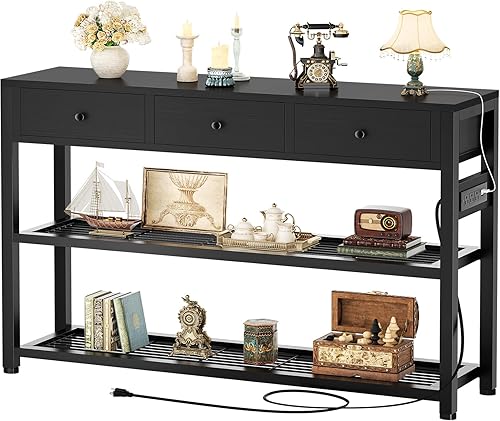 Miniatura 15 de Ecoprsio Mesa de entrada de 47 pulgadas con salidas y puertos USB, mesa consola con 3 cajones, mesa de sofá estrecha larga con estantes de Marrón