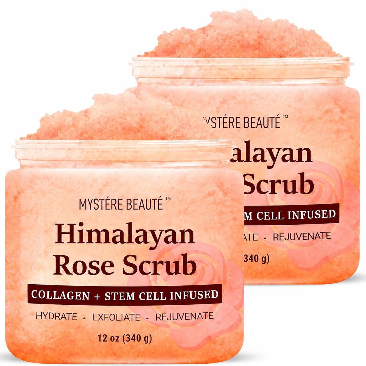 Exfoliante corporal de sal del Himalaya con colágeno y aceite de rosa, paquete doble (12 onzas x 2) | Exfoliante exfoliante para celulitis, acné, cicatrices y estrías - Para todo tipo de piel - MYSTÈRE BEAUTÉ