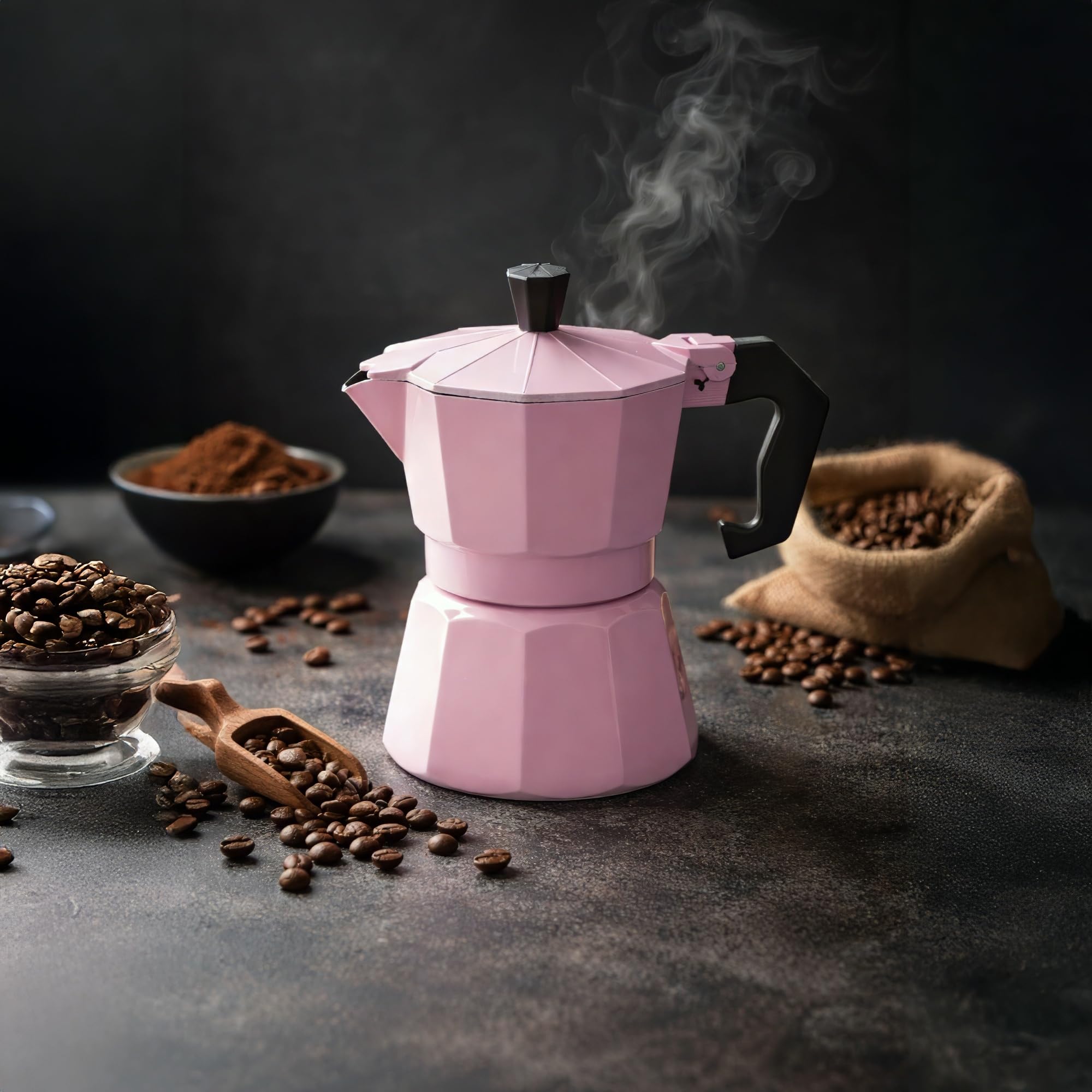 STONELINE Cafetera Italiana Inducción 4 Tazas 170 ml, Cafetera Espresso Moka de Aluminio Fundido, para Todo Tipo de Cocinas incluida Inducción, Juego Café Exprés con Vasos y Espumador, Rosa