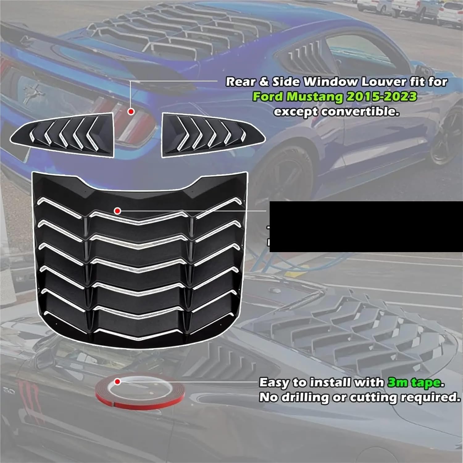 Rear & Side Window Louvers Windshield Sun Shade Cover Compatible for Ford Mustang 2015-2023 in GT Lambo Style ABS Matte Black