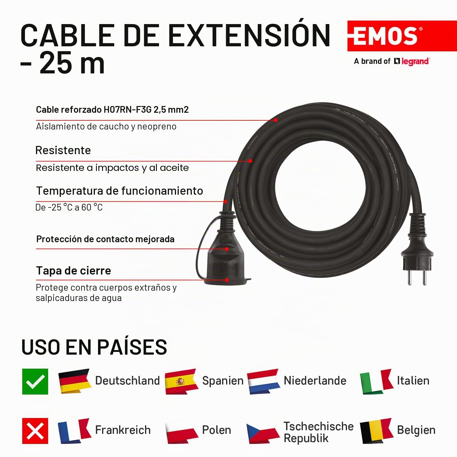 EMOS Cable alargador Schuko de 25 m, Cable de extensión de Goma para Exteriores (IP44), H07RN-F3G 2,5 mm2