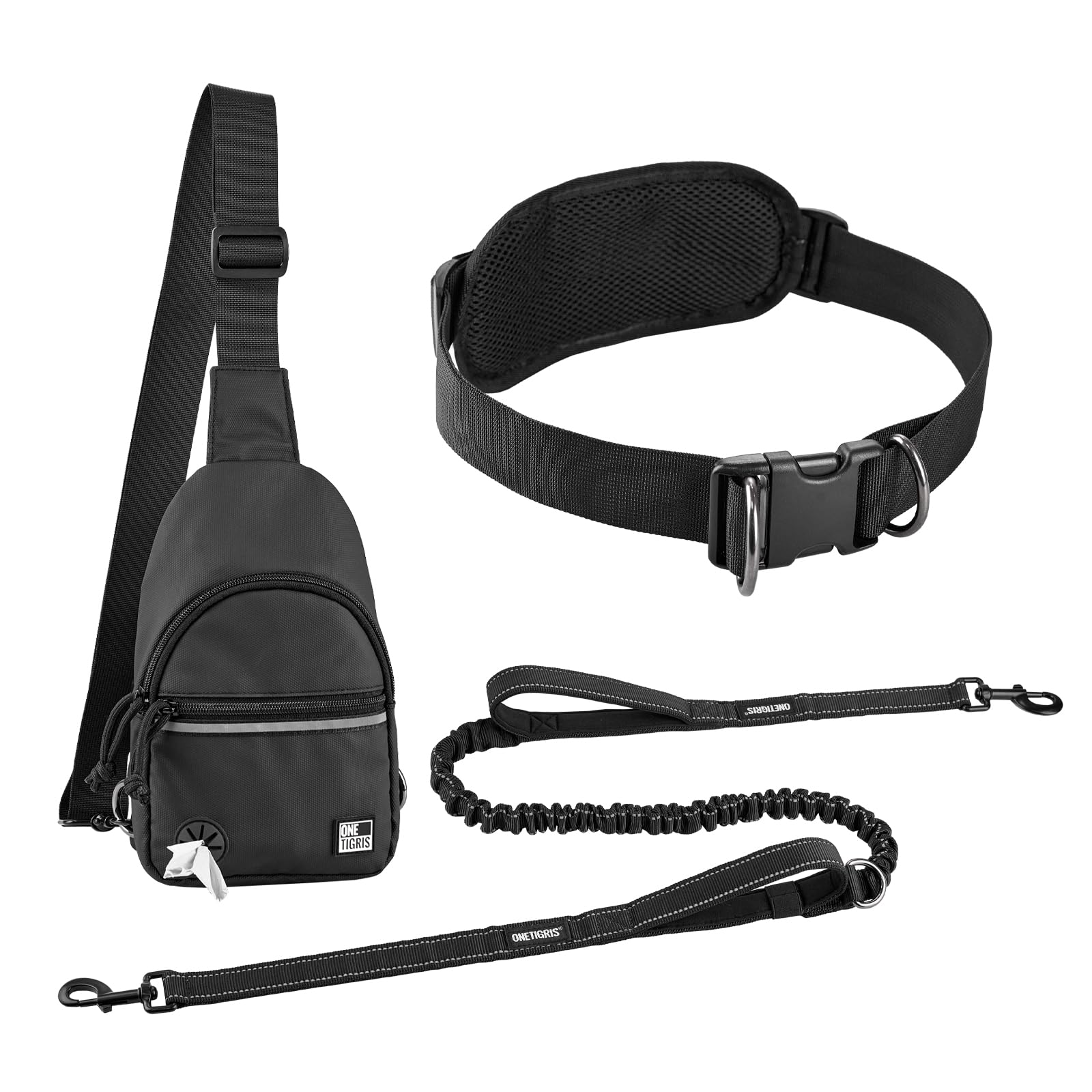OneTigris Guinzaglio da jogging per cani, con cintura imbottita, tasca sul petto, anti-stress, doppio manico, riflettente 3 in 1, adatto per escursioni, corsa, allenamento, 130-180 cm