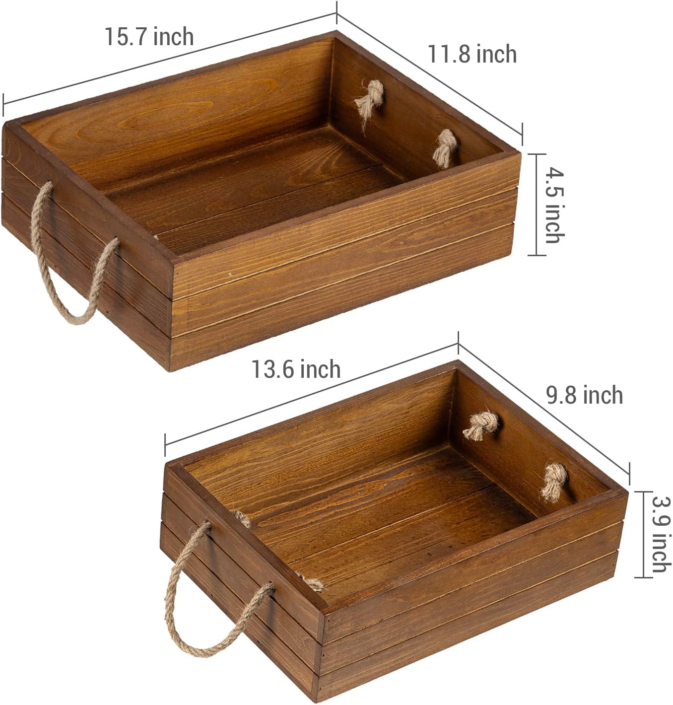 MyGift 15 Inch Rustic Burnt Solid Wood Decorative Nesting Storage Bin with Rope Carrying Handles, Weathered Wooden Pallet Design Crate, Farmhouse Style Open Top Box, 2 Piece Set