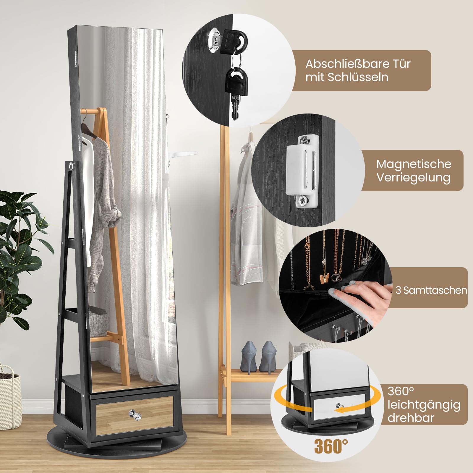 COSTWAY Schmuckschrank 360° drehbar, Spiegelschrank mit Ganzkörperspiegel, LED-Leucheten & Schublade & Haartrocknerhalter, Schmuckregal abschließbar, Standspiegel für Schmuck (Schwarz)