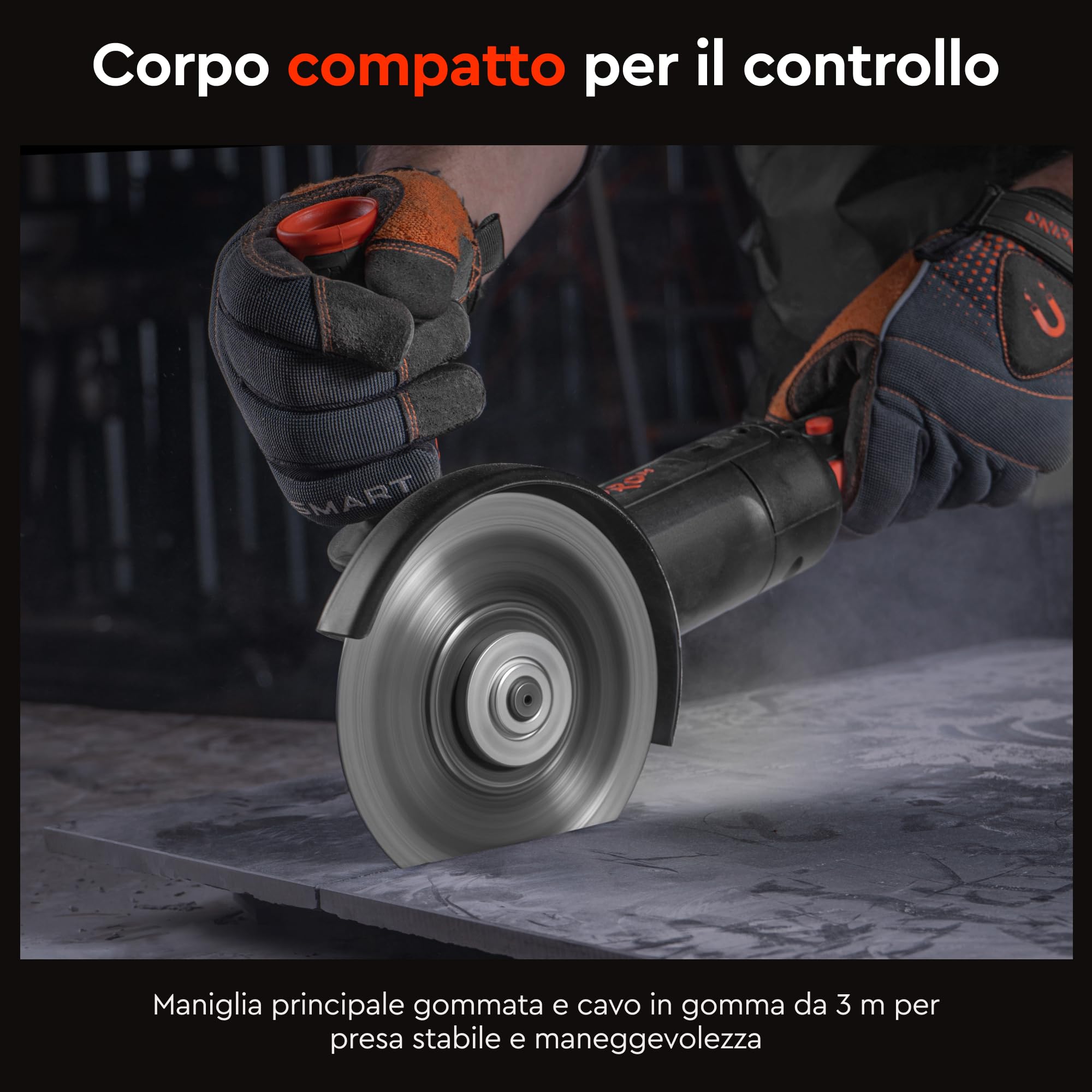 Smerigliatrice Angolare GL-160SE 1100W 125mm - Flessibile da Taglio, 5500-10500 giri/min con Velocità Regolabile, Constant Power, Avvio Graduale e Attacco M14 per Metallo, Cemento e Pietra di Dnipro-M