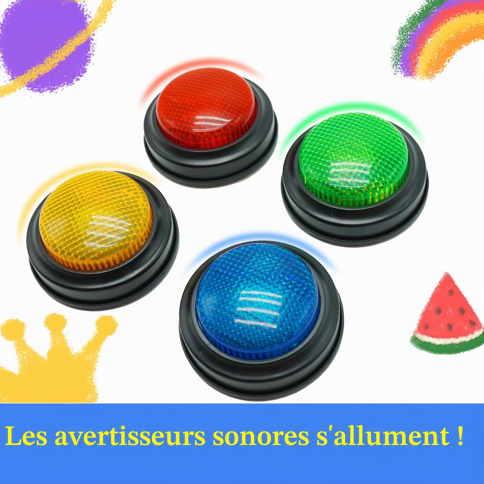 Gelaber Set de 4 Buzzer Blind Test, Buzzer pour Jeux de Questions avec 4 Sons Préenregistrés, Buzzer sonore et Lumineux, Cadeaux de Noël pour Enfants