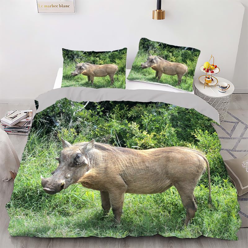Parure de lit 240x260 verte au motif phacochère pour chambre nature