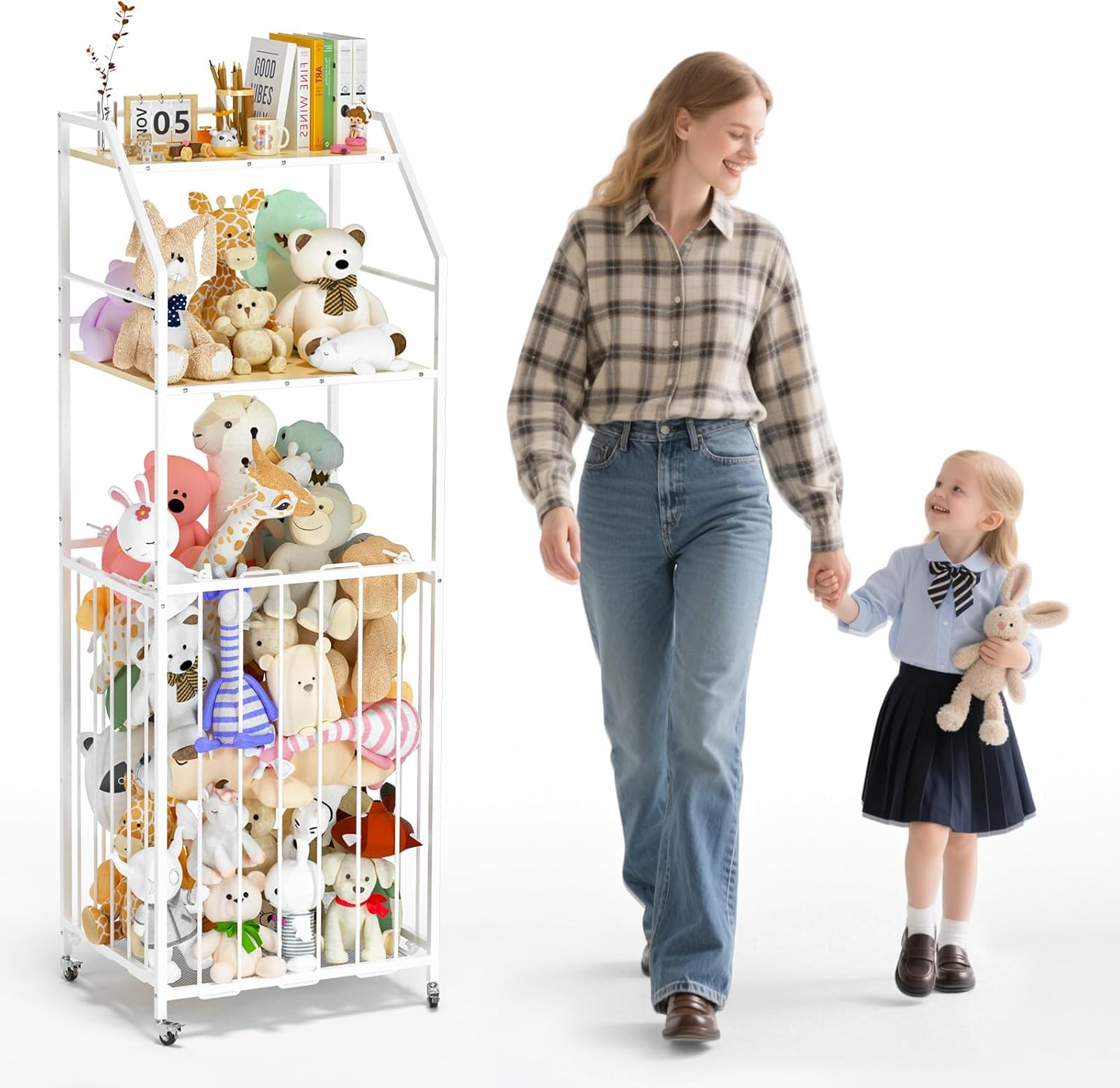 Stuffed Animal Storage Zoo 3 Tier - Large Stuffed Animals Holder Wood and Metal Plush Toy Storage with Brake Wheels Space Saver for Kids Playroom Bedroom Nursery(57.9H)