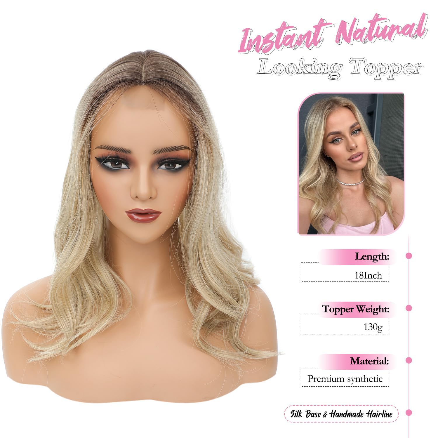 Ms Taj Lässige Wellen Haarteile 45 cm Blonde with dark roots Haarteil bei dünnem Haar Synthetik haar topper Haarausfall, extra Volumen,schnelle Frisurenveränderung