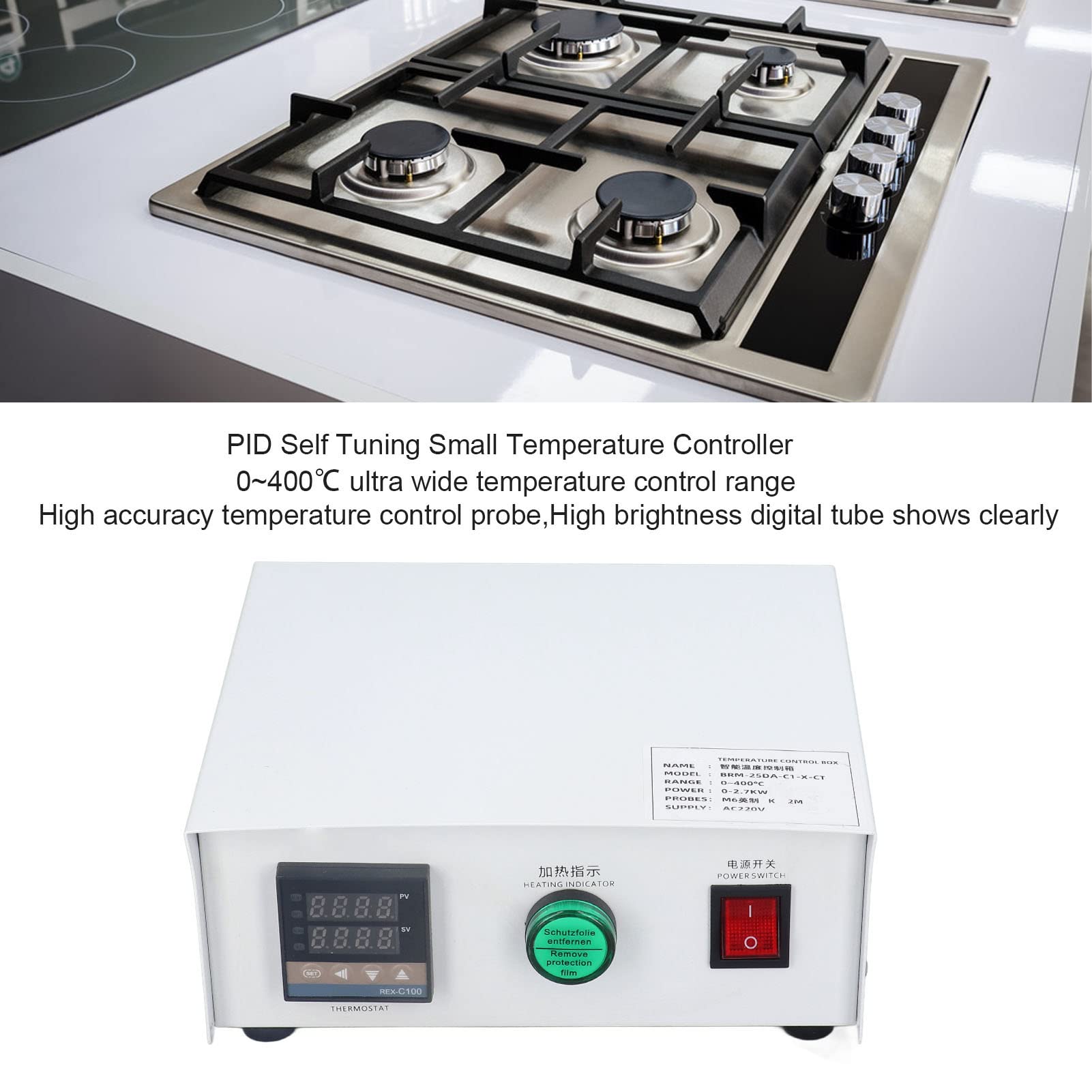 Aramox Controlador de Temperatura de Calor Kit de Controlador de Temperatura PID de Acero Inoxidable AC220V 32 a 752F K Termopar Salida SSR Caja de Control Digital para Hornos Moldes Tanques de Agua