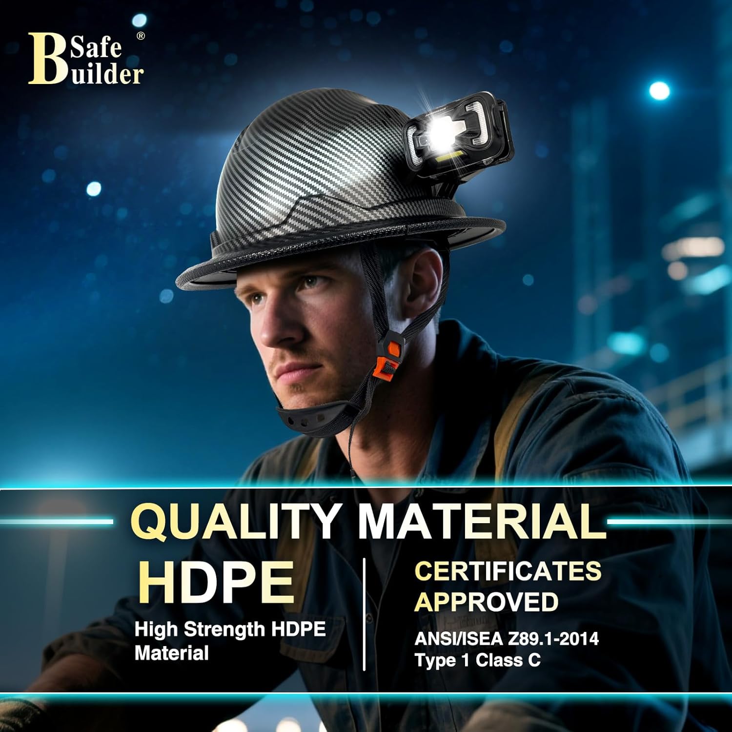 SAFEBUILDER Full Brim Hard Hats with Rechargeable Lamp Safety Helmet with Headlight 6 Point Suspension Vented Construction Outdoor Work ANSI Approved