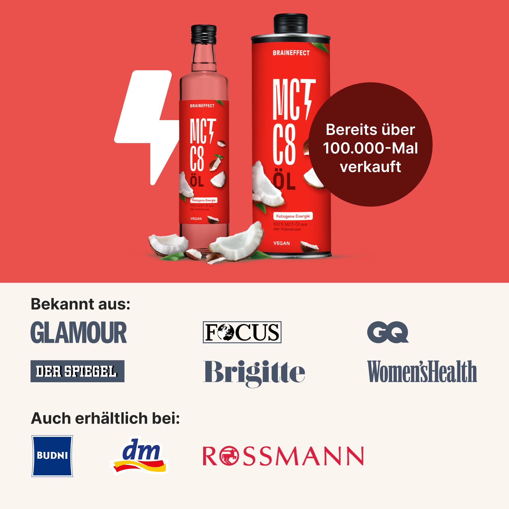 BRAINEFFECT MCT-Öl C8 - Bildet 300% mehr Ketone als andere MCT-Öle (>97% C8) - Ketogene Ernährung - Reiner Extrakt aus Kokosnussöl - Ideal für ketogene Diät & Bulletproof Coffee (500ml)