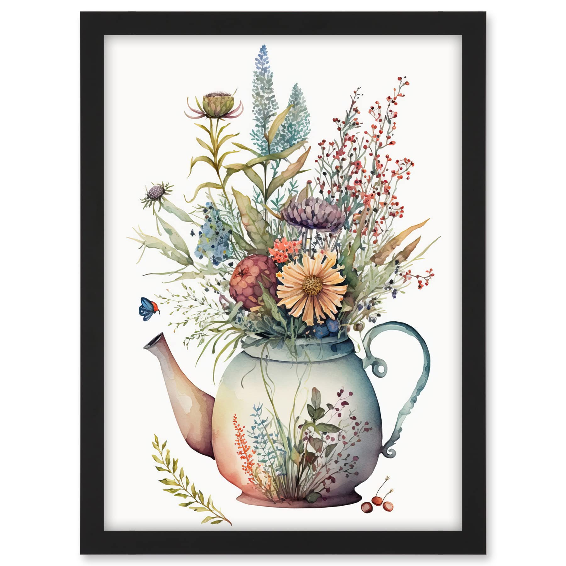 Artery8 Wildflower Floral Bouquet in China Pattern Teapot Artwork Framed A3 Wall Art Print