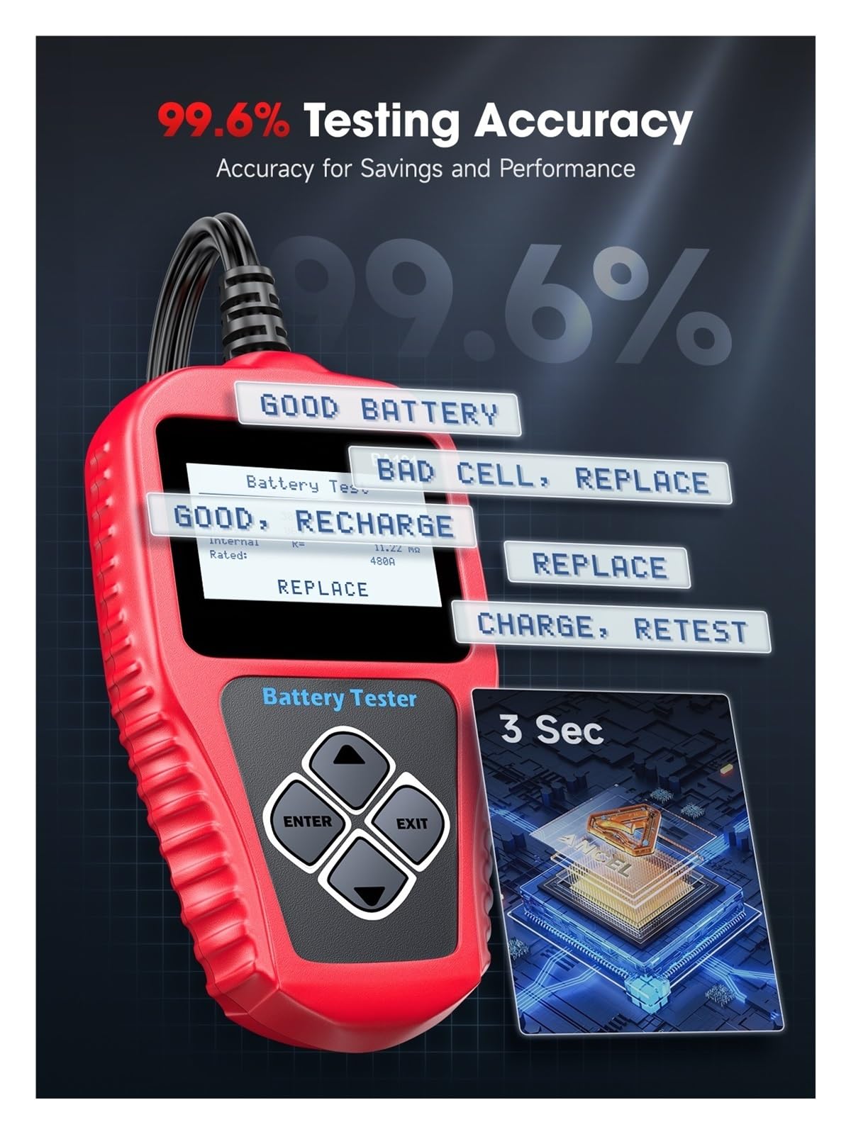 Tester per batterie, Tester for batteria auto BA101, strumento diagnostico for alternatore autoistico digitale da 12 V, capacità di carico 100-2000 CCA