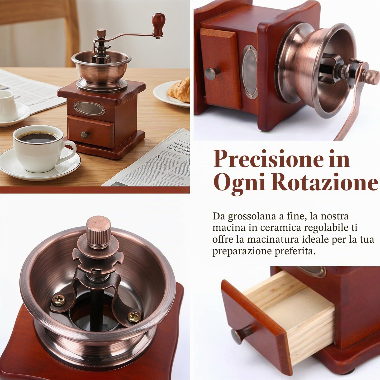 Macinacaffè manuale regolabile Grinder per chicchi di caffè in legno vintage da casa, cucina, ufficio, campeggio, viaggi