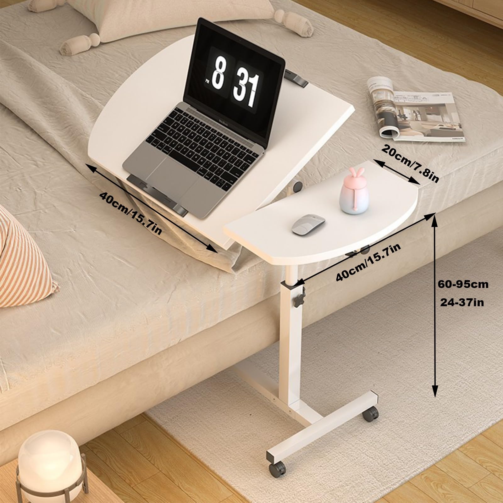 Tavolino per Laptop Regolabile in Altezza, scrivania per Computer con Ruote, Divano Mobile Portatile con rotelle bloccabili e Piano inclinabile per Ufficio Domestico
