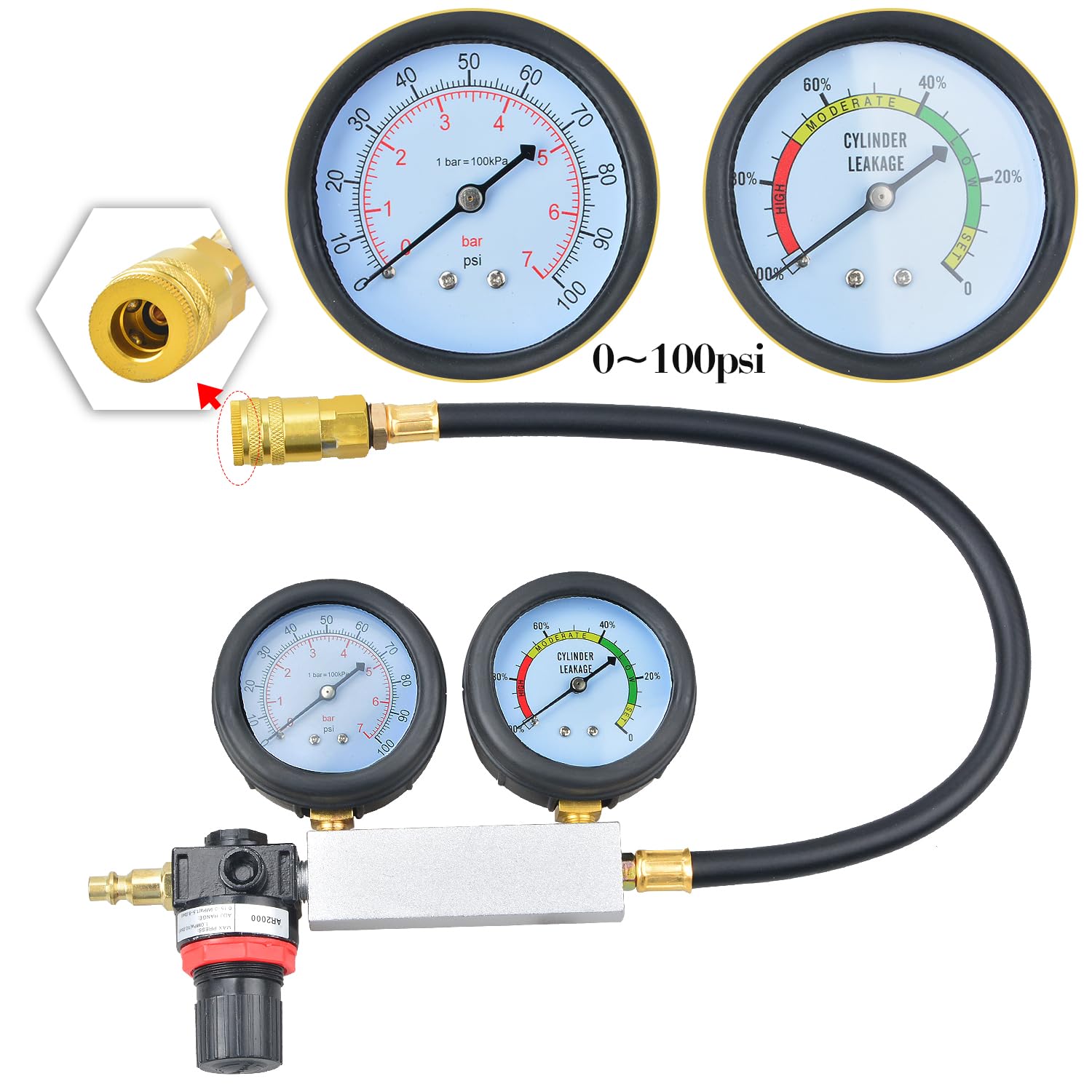 Kit per test di perdita del motore, motore a benzina, con asta di prolunga, per test di pressione e perdite, doppio manometro