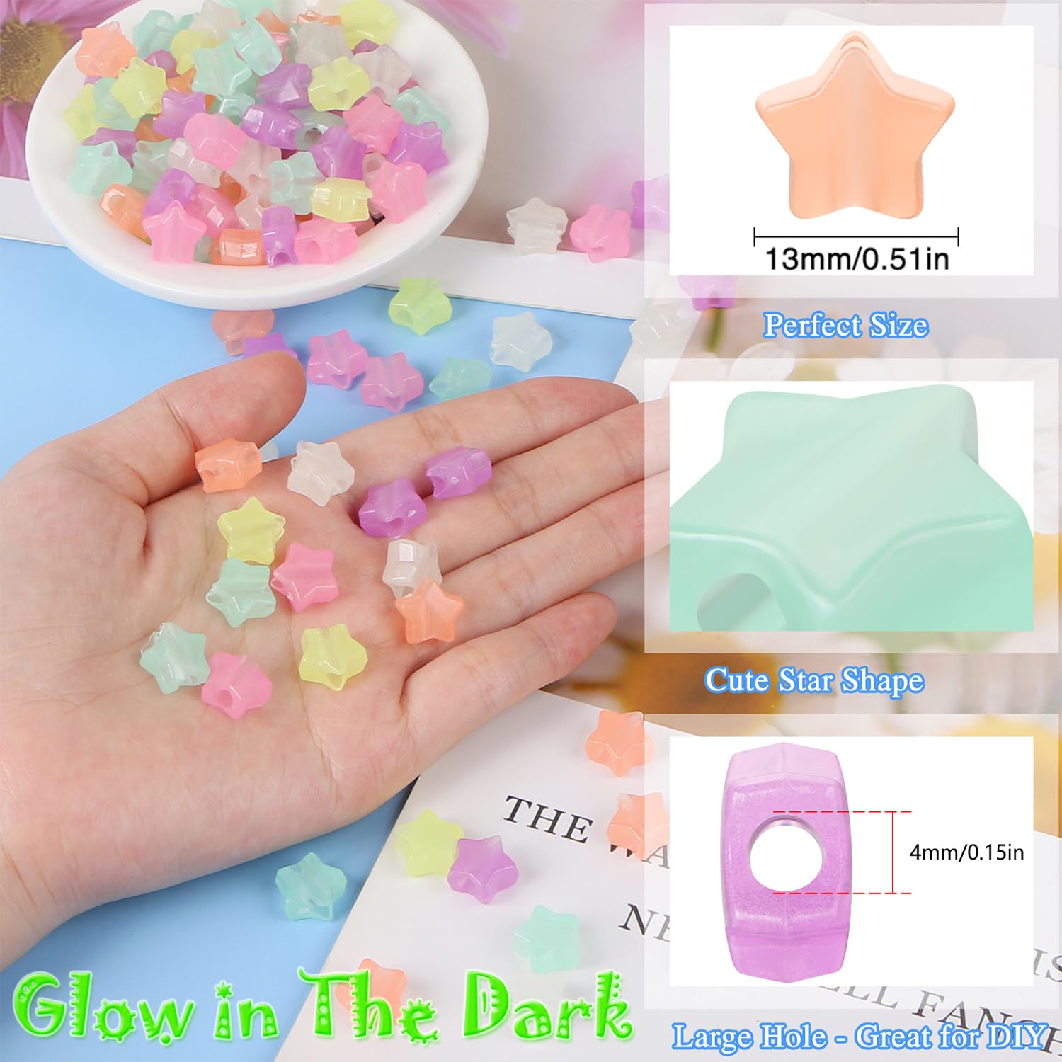 300 Pcs Glow in Dark Star Beads, EVERMARKET Nightglow Star Pony Beads Bulk for Jewelry Making, 13mm Star Beads, Luminous Spacer Beads for DIY Bracelets Necklaces Accessories