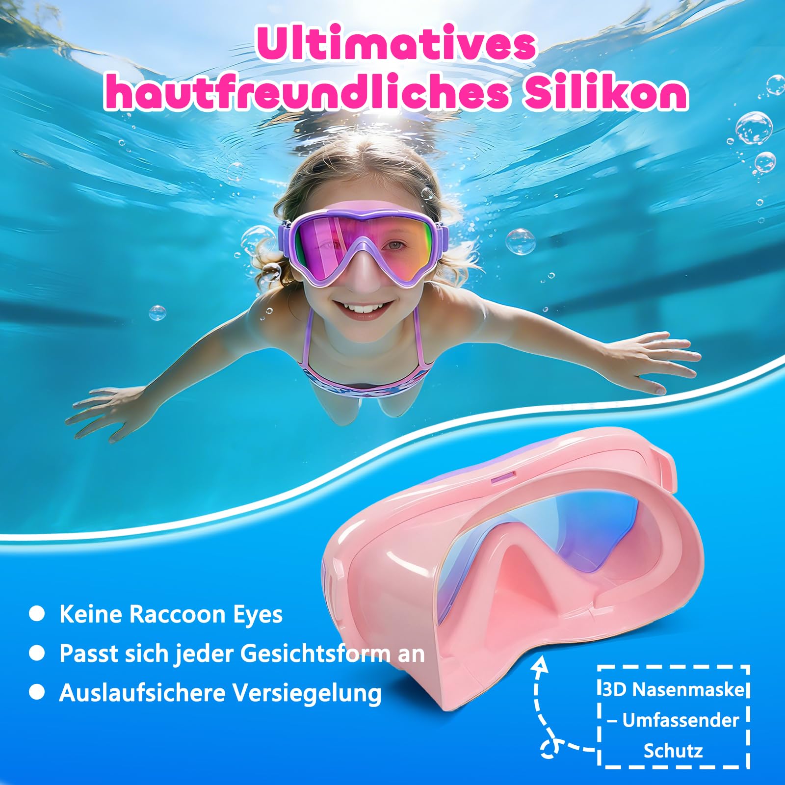 Taucherbrille Kinder mit Weichem Stoffband, MOMUSE Kinder Schwimmbrille mit 3D Nasenabdeckung, Tauchmaske Antibeschlag, Bruchsichere Linse & UV-Schutz, Schnorchelmaske für Jungen Mädchen 3-14 Jahr