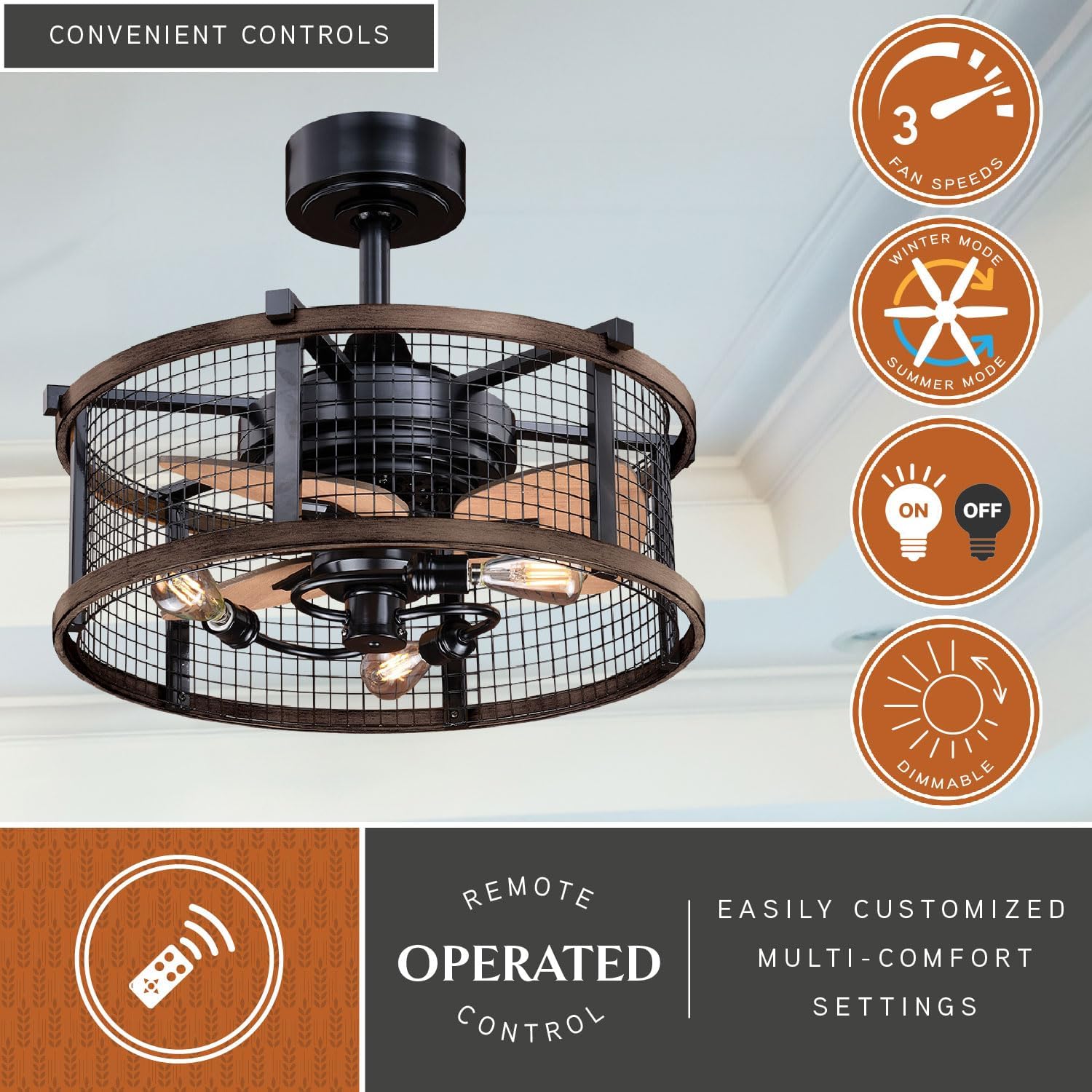 Image showing the VAXCEL Humboldt Fandelier with icons for 3 fan speeds, winter/summer mode, light on/off, and dimmable function, along with a remote control.
