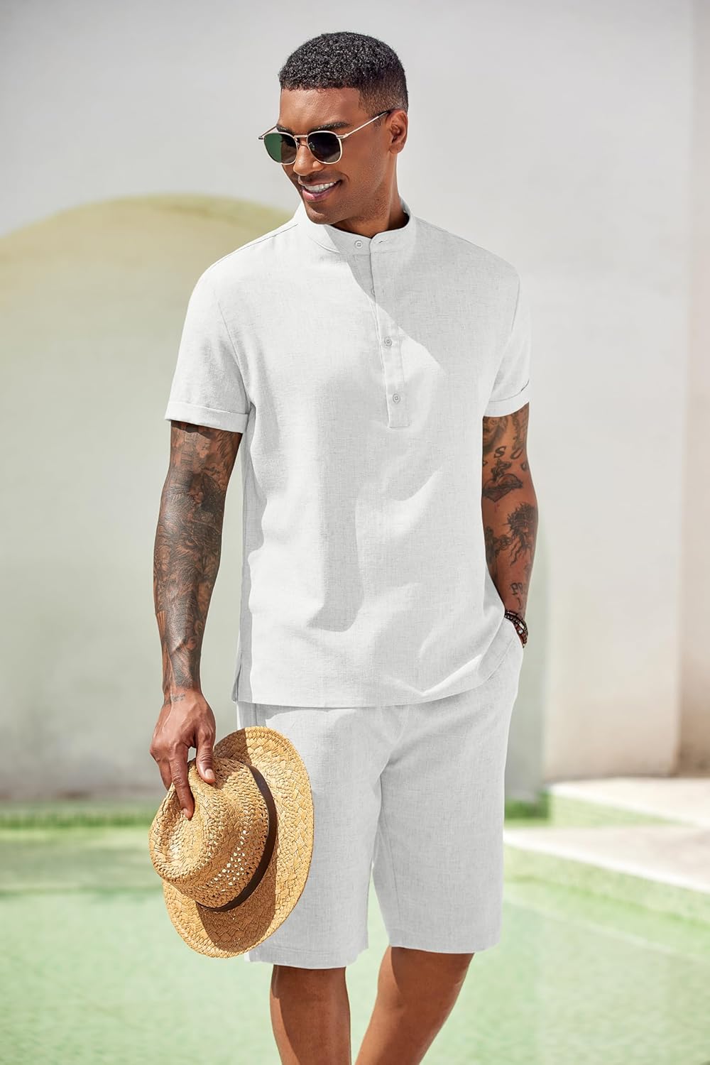 COOFANDY Men's 2 Pieces Set Short Sleeve Henley Shirts and Shorts Pants Texture Summer Beach Vacation Outfits - Image 3