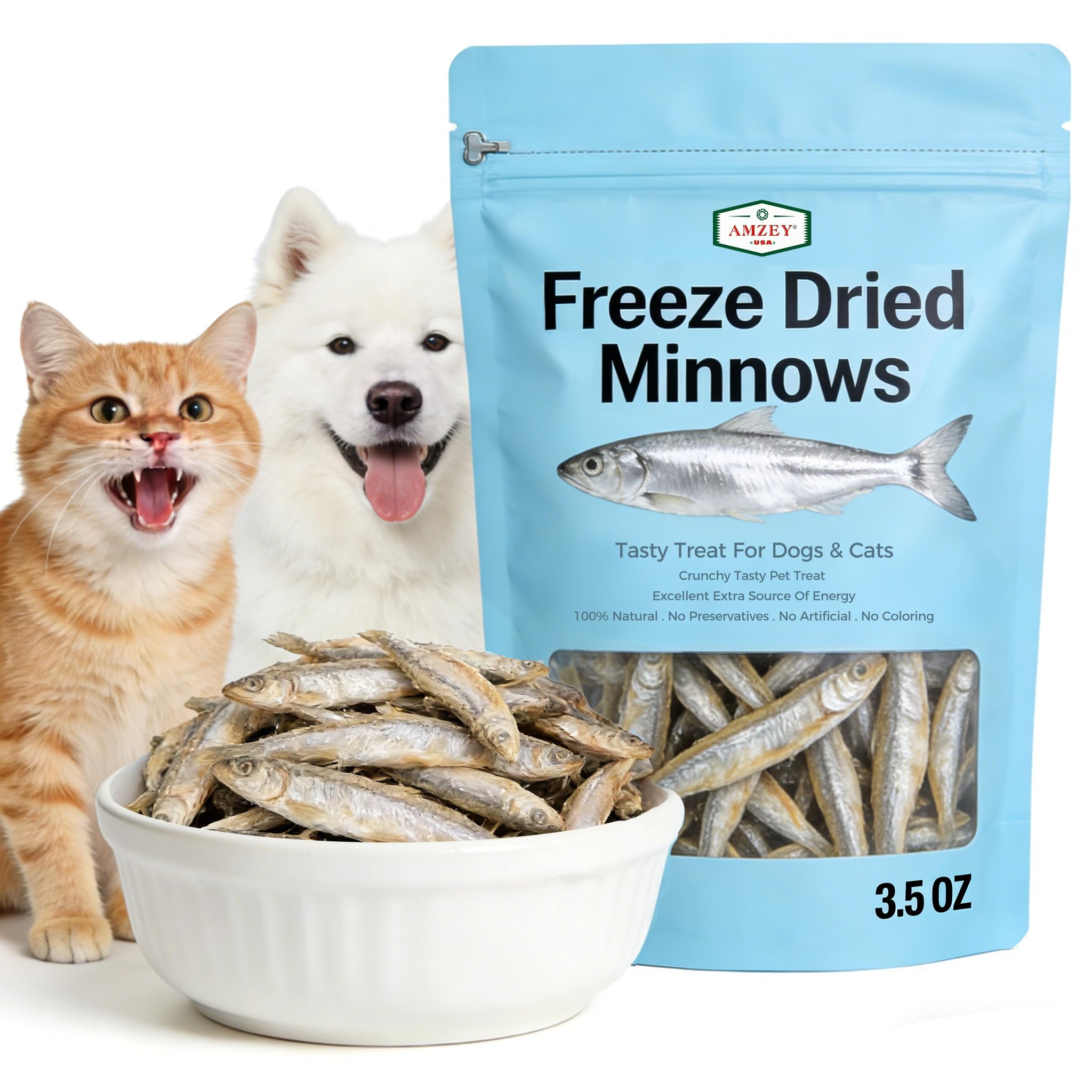 Amzey 3.5oz Minnows Dog Treats - Freeze Dried Minnows Cat Treats - High Protein & Premium Quality Training Treats