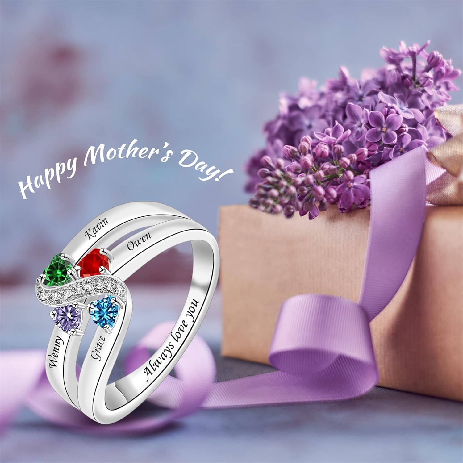 Sterling Silver Mothers Rings with Birthstones Ring for Women Personalized Rings with Family Name Custom Ring for Mom Grandma Nana