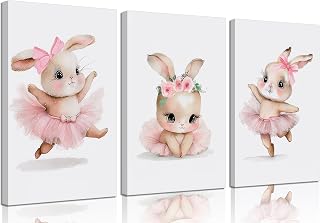 3 Pcs Pink Bunny Canvas Wall Art for Nursery Baby Room Cute Posters Prints Wall Decor Pictures Pink Preppy Dress Rabbit Ballet Paintings Artwork for Girls Room Bedroom Home Decoration
