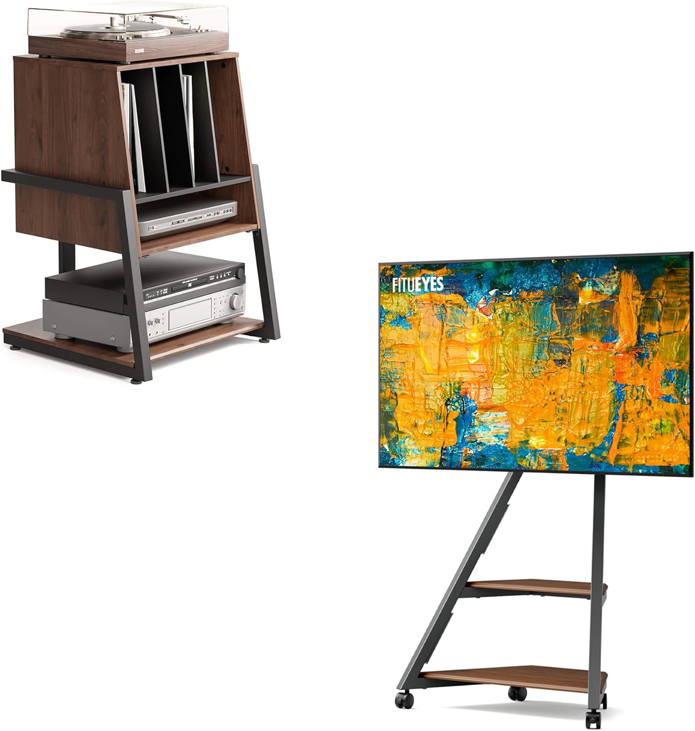 FITUEYES Design Turntable Stand with Vinyl Storage & Corner TV Stand for 32-65" TVs, All-in-One Media Solution for Living Rooms, Entertainment Center, Eiffel Series (Walnut)