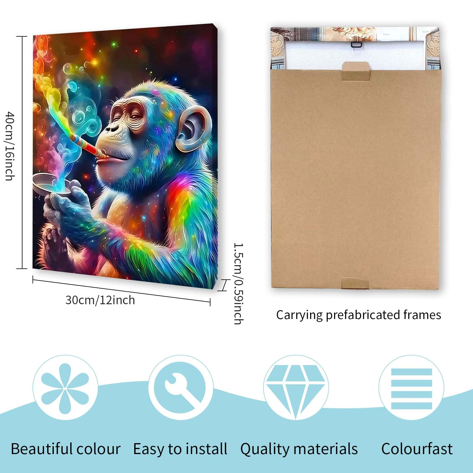 Qiukoo Framed Canvas Wall Art, Colourful Monkey Artwork, Waterproof Modern Print with Hook - Image 2