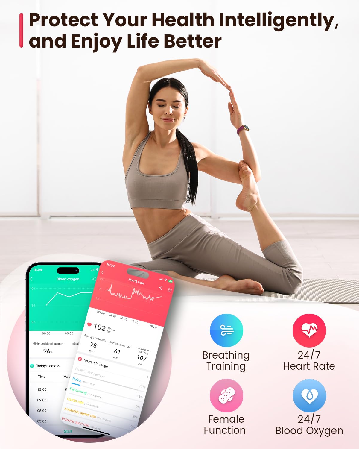 Sanorum Smartwatch Donna, 1.47" Orologio Fitness, 24 Modalità Sport, Cardio SpO2 Sonno Activity Tracker Passi Calorie, 165+ Quadranti, Fisiologia Femminile Notifiche Impermeabile IP68 Oro Nero