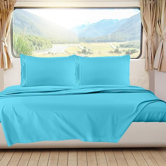 Nestl Bright Blue Short Queen Sheets for RV, Hotel Luxury RV Queen Sheets Set, 6 Piece Fitted Bed Sheet Set and Pillowcases, Super Soft, Wrinkle-Free, and Breathable Camper Bedding