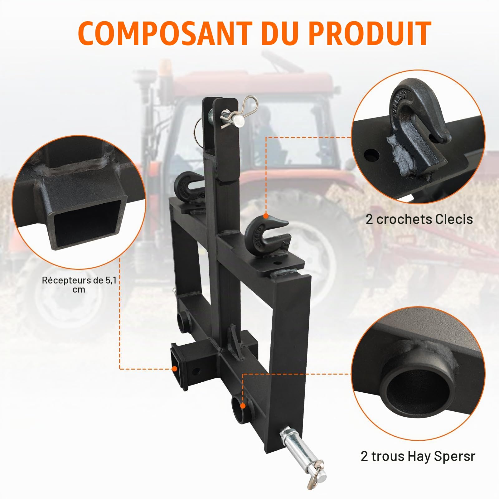 Garvee Attelage remorque 3 Points Robuste pour Tracteur – récepteur 2" en Acier Carbone – 2 Trous pour Pique à Foin – 2 Crochets – Cat 0 & 1 – Accessoire agricole – Noir