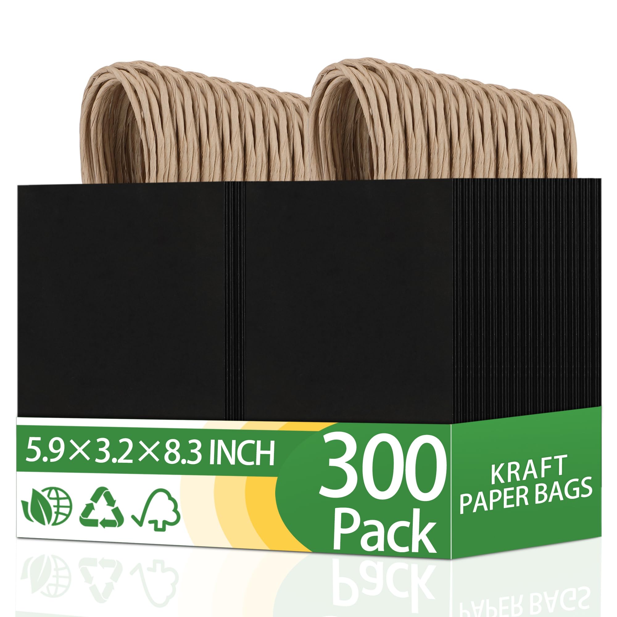 OEMVALATY 300Pcs 5.9x3.2x8.3 Inch Small Black Paper Bags with Handles Bulk, Kraft Paper Gift Bags for Birthday Party Favors Grocery Retail Business