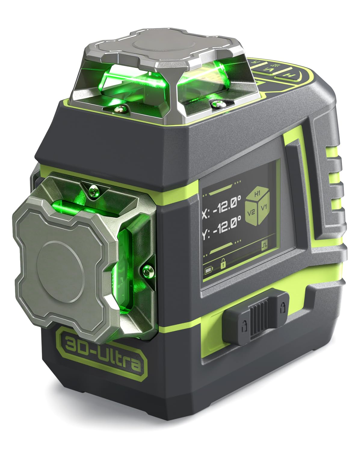 LASGOO 3D-Ultra 12 Linien Selbstnivellierender Kreuzlinienlaser 3x360° mit LCD-Display, Fernbedienung, 2 Akkus & Magnetständer, für Bau und Bildaufhängung