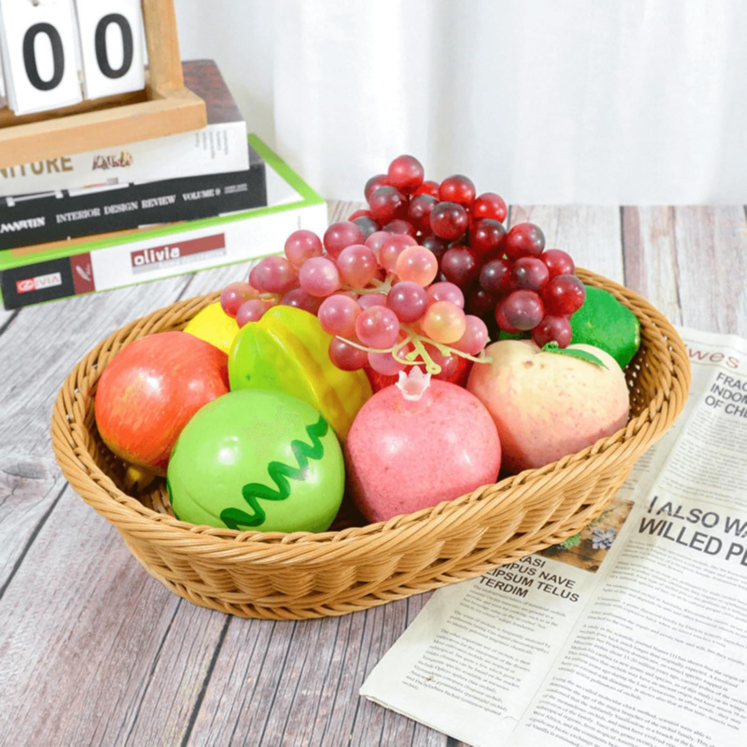 Handmade Wicker Bread Basket, 13.87x9.84x2.76inch Plastic Basket, Polyweave Woven Serving Basket, Food Storage Basket for Kitchen, Restaurant, Bakery