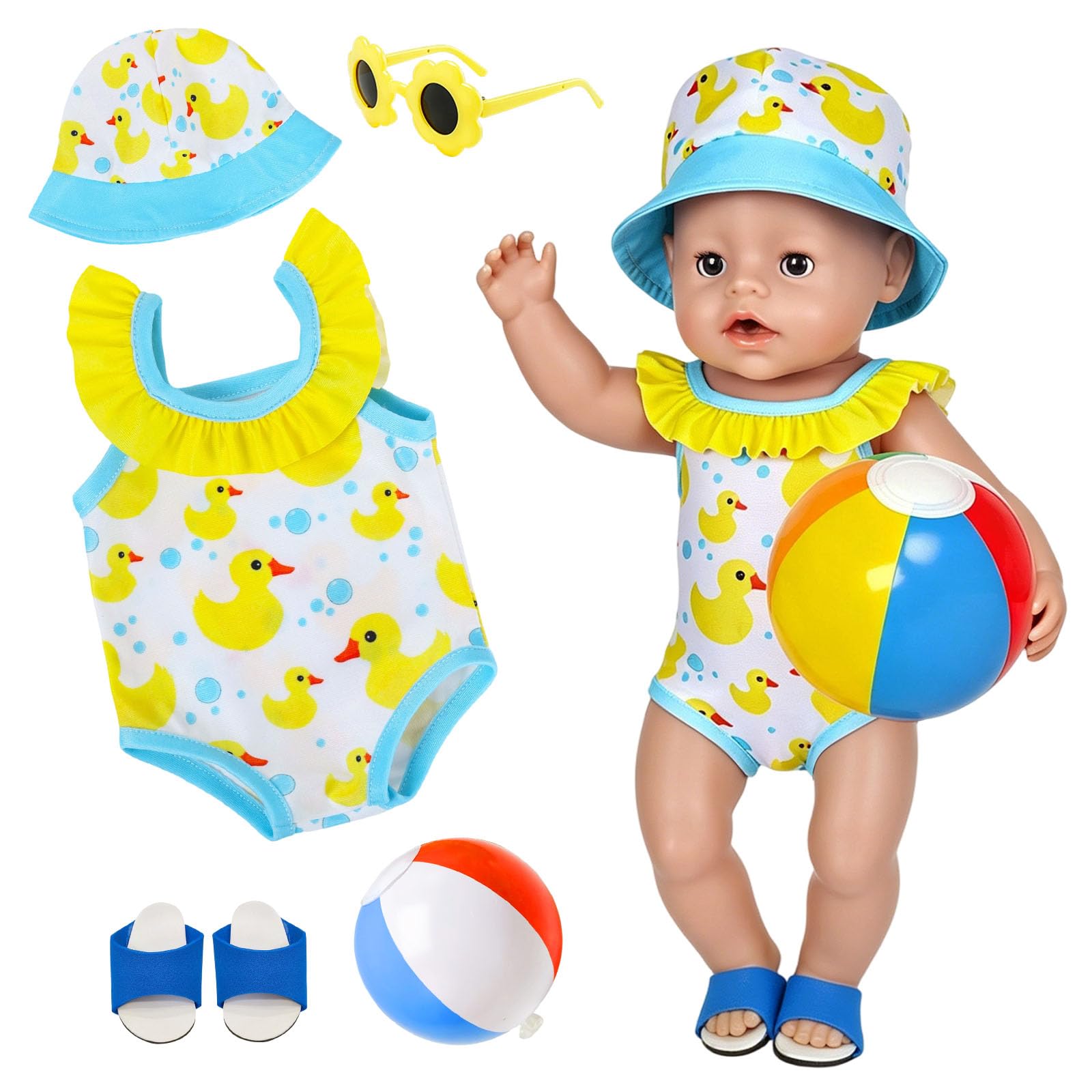 Baby Doll Clothes Swimsuits for 14–18 inch Dolls,5 Pcs Duck Swimming Baby Doll Outfit Featuring Print Swimsuit, Sun Hat Beach Ball Sunglasses Slippers 35-43 cm Baby Dolls Birthday Gift for Girls