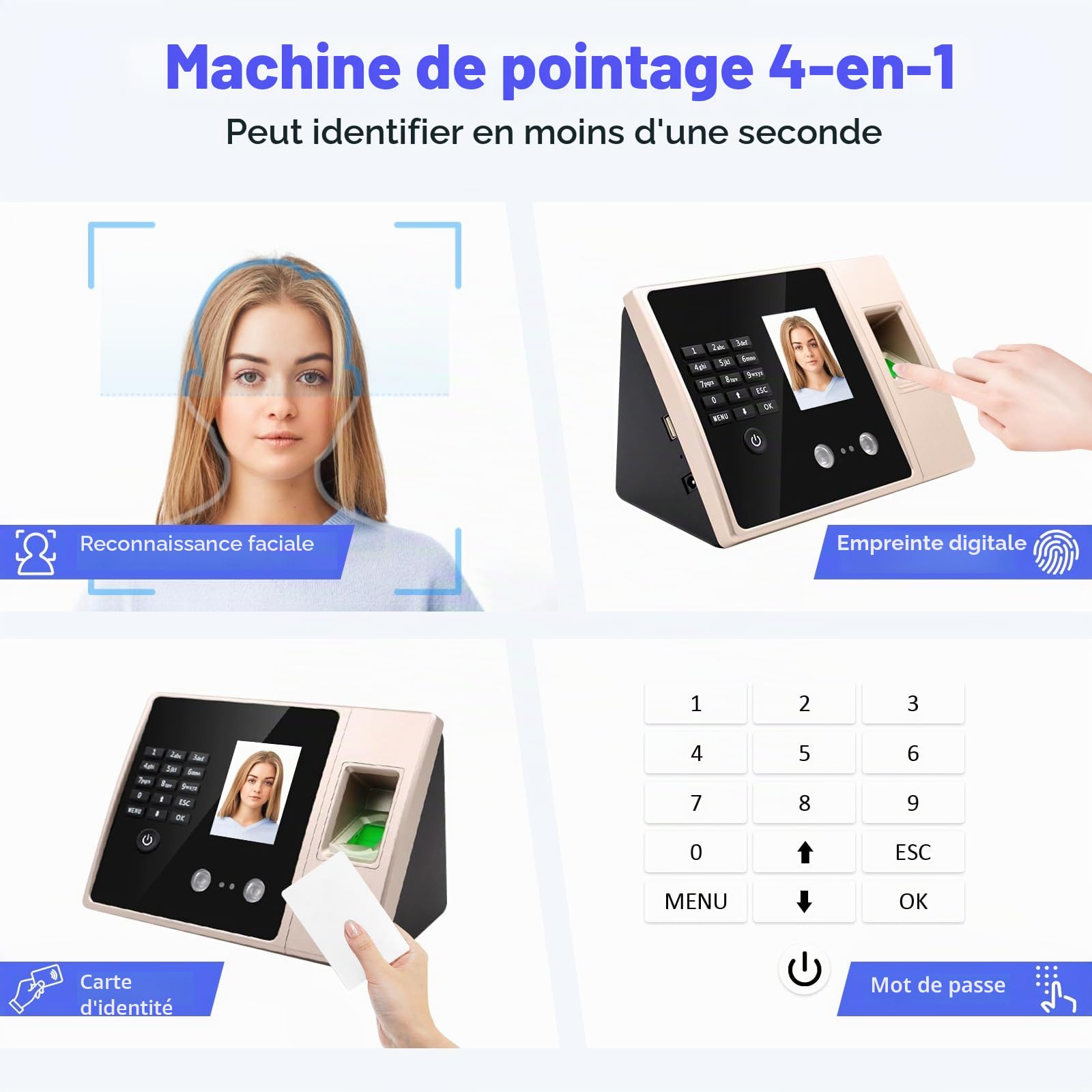 Pointeuse Horaire Biométrique, Machine de présence avec Visage, Empreintes Digitales, RFID et Codes PIN, Pointeuse biométrique pour Pointer Employées Entreprise, système Anglais, sans Connexion