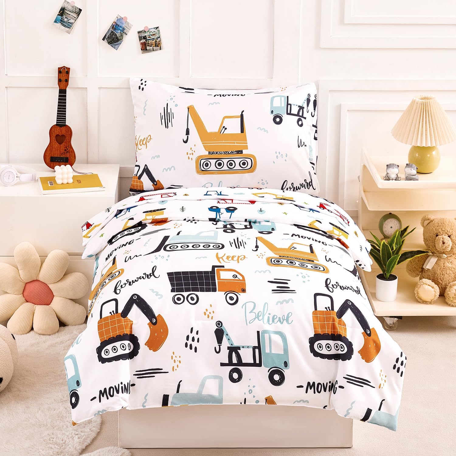PERFEMET 4 Piece Toddler Bedding Set for Boys Car Printed Toddler Comforter Set with Sheets Reversible Cartoon Tractors Kids Bed in A Bag for Baby Bedroom (White, Car)