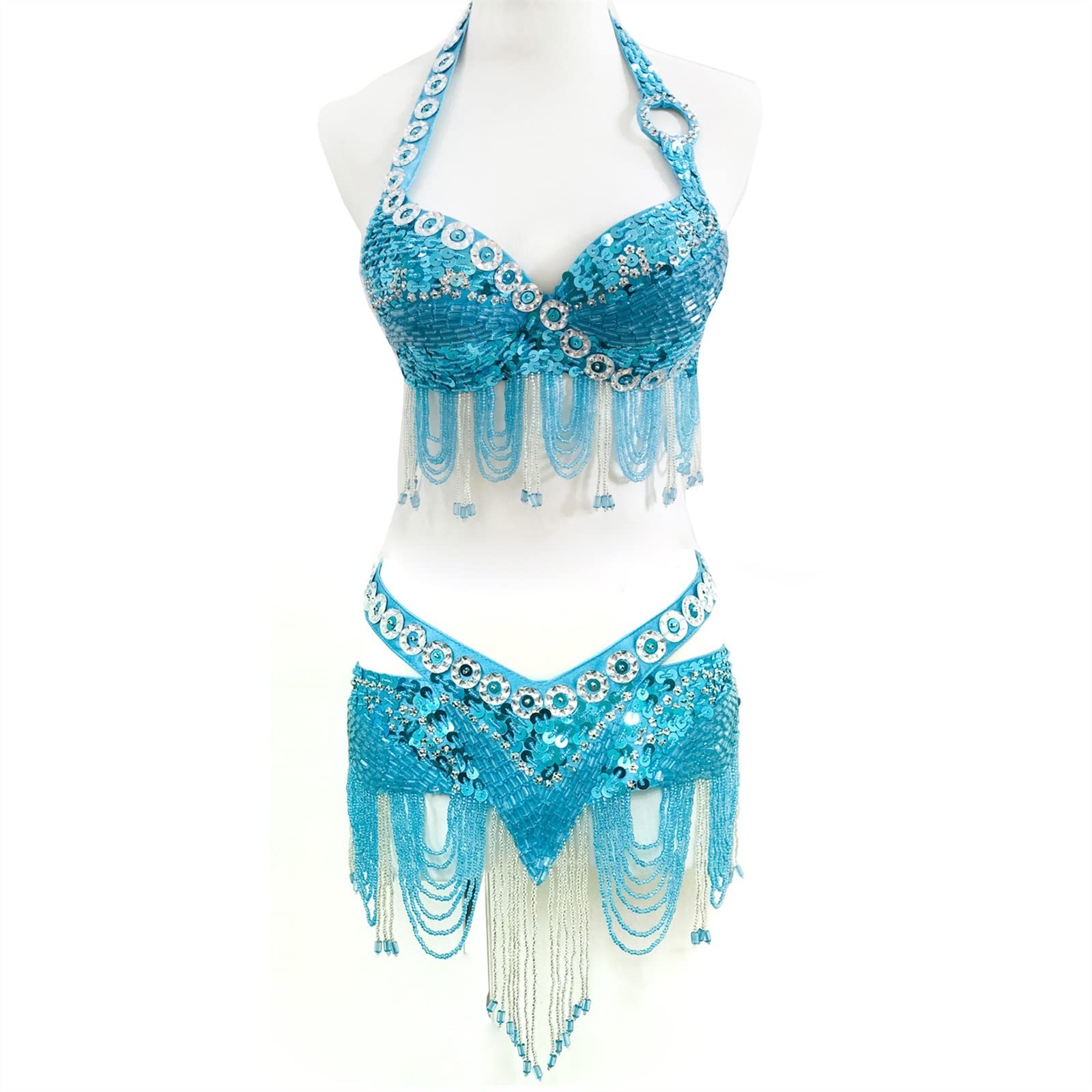 AGAATI Ropa de Baile para Mujer, Sujetador y cinturón con Cuentas de Lentejuelas, Traje de Danza del Vientre, 2 uds., Disfraz de Diamantes de imitación para Danza del Vientre (Lake Blue L)