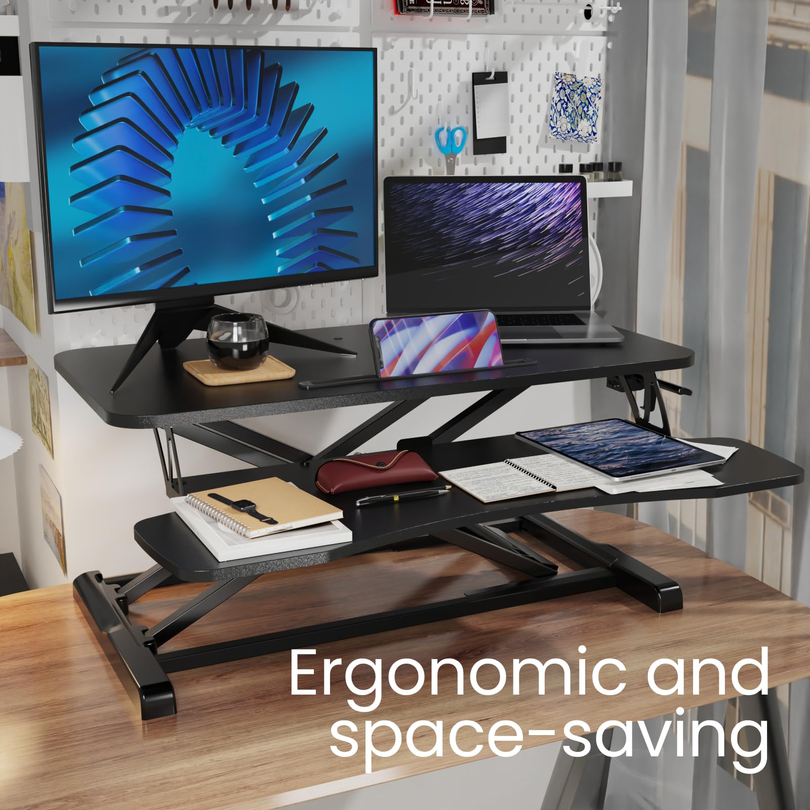 Fohfurniture Convertisseur de bureau debout, support assis, table d'extension, petit bureau debout, Airlift Pro, bureau debout, lève-bureau à domicile (noir)