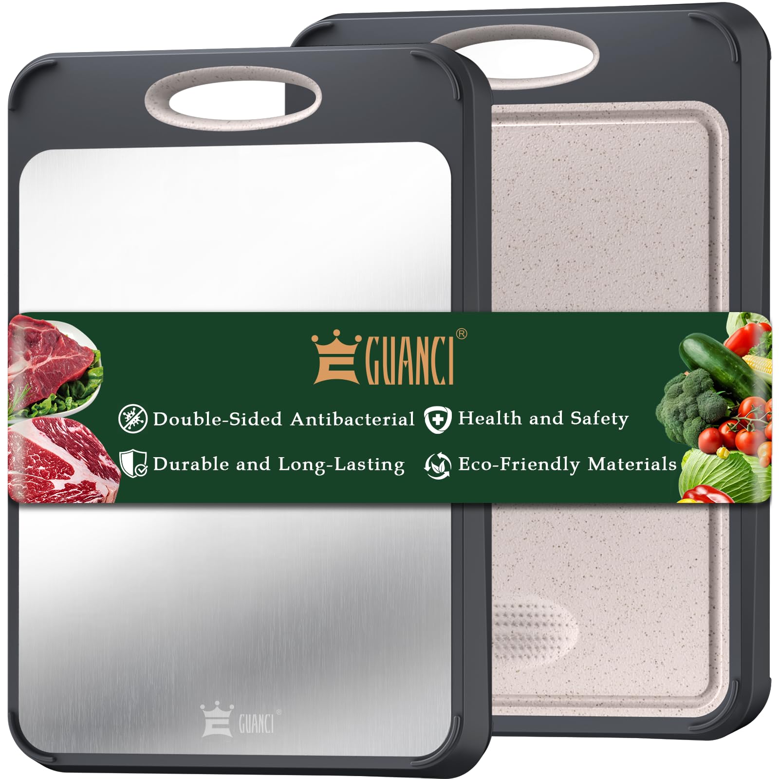 GUANCI Cutting Board,Large 16”×11” 316 Stainless Steel Cutting Board Kitchen,Food-Grade Rice Husk Fiber Chopping Board with Wheat Straw PP,Double-Side using,Easy-Grip Handle