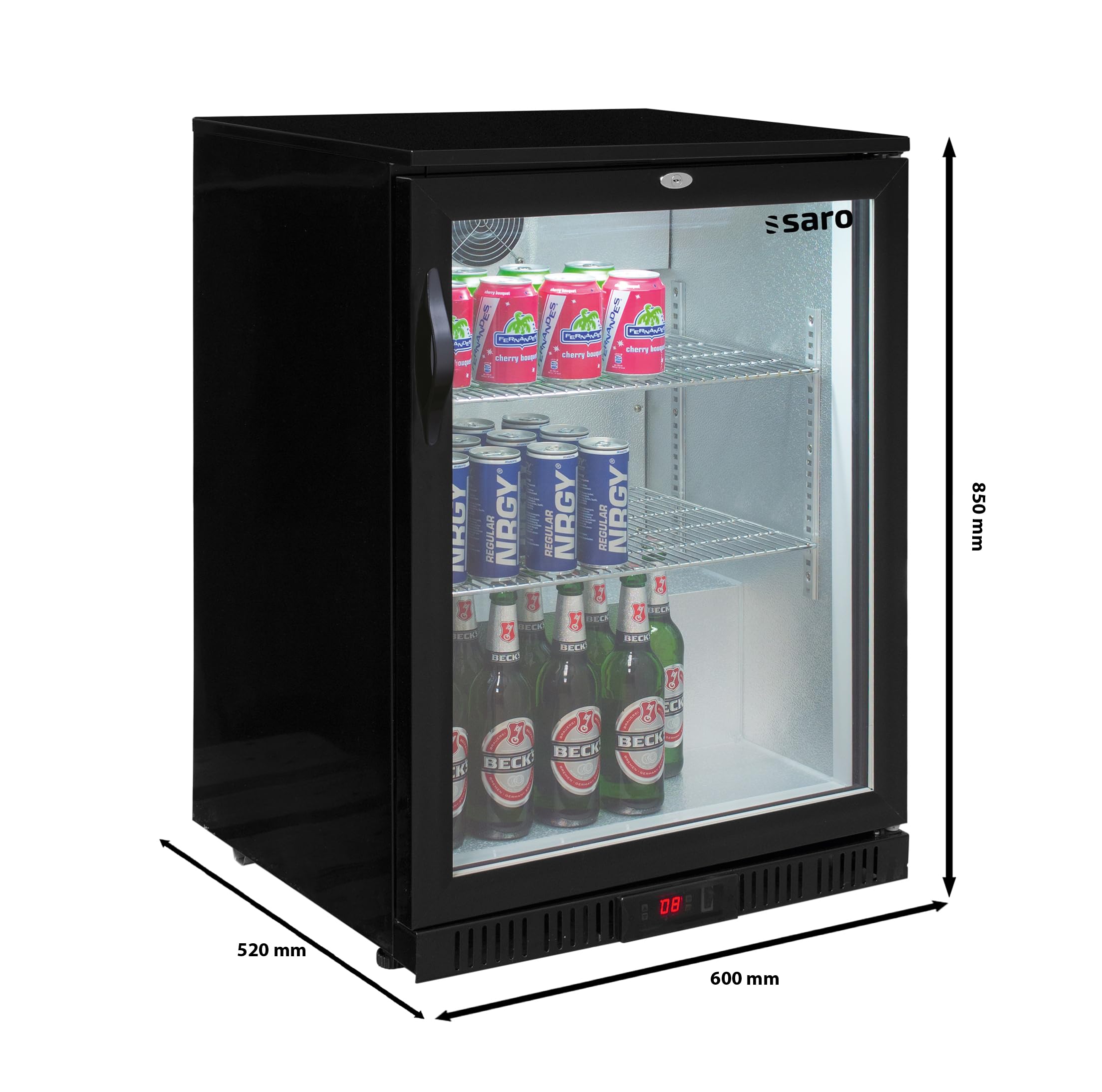 SARO BC 138 Frigorífico de bar, 128 l, 2 rejillas, puerta de cristal con cierre, control digital de temperatura, iluminación LED, 2-10 °C